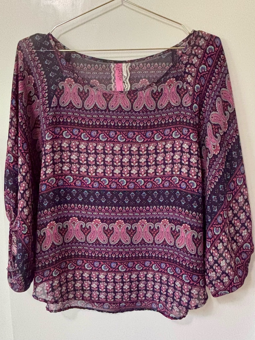 Cinnamon| VTG Boho Pink & Purple Sheer Lightweight Printed Peasant Blouse Sz M